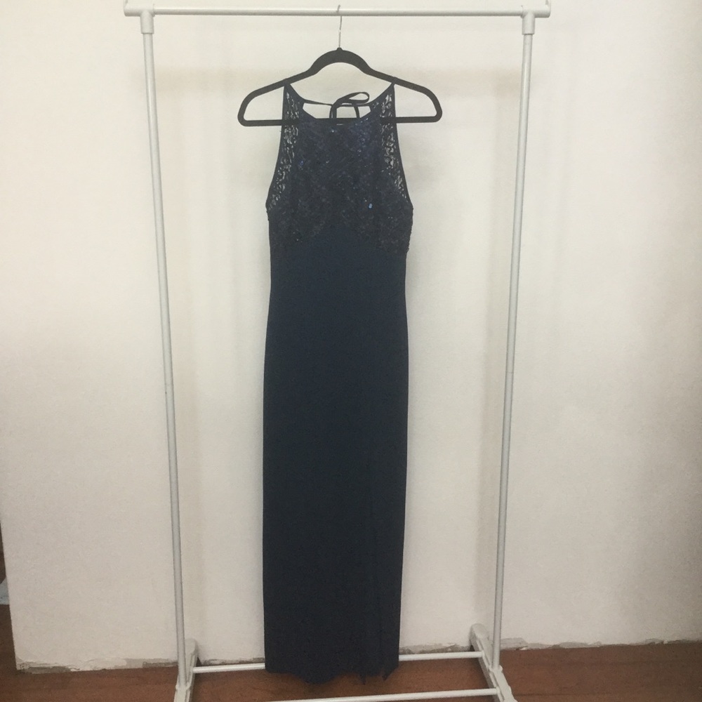 Betsey and Adam Navy Halter Tie Sparkle Floor Length Gown Leg Slit Size 9-10
